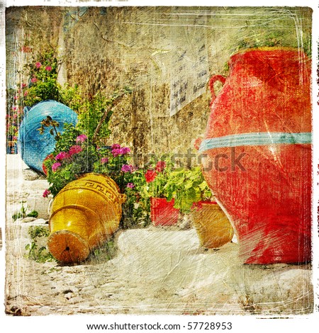 pictorial details of Greece - decoration with vases and flowers in taverna- retro styled picture