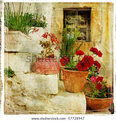 pictorial details of Greece - old door with flowers - retro styled picture