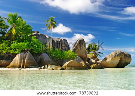 Granite Rocky Beaches On Seychelles Islands- La Digue Stock Photo ...