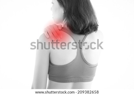 Acute pain in a woman shoulder with red alert accent
