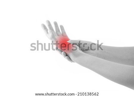 young man with pain in his hand with red alert accent