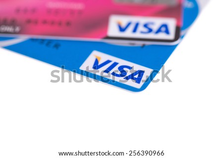 Bangkok, Thailand - February 26, 2015 : Close Up Logo on Credit Cards issued by the VISA