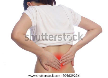 woman hand holding back pain or injury with red alert accent isolated on white background Stock fotó © 