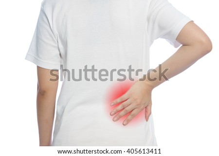 woman hand holding back pain or injury with red alert accent isolated on white background Stock fotó © 