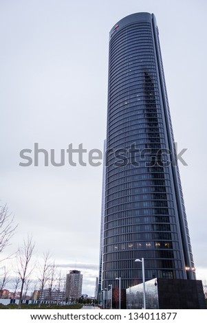 MADRID, SPAIN - MARCH 10 Cuatro Torres Business Area (CTBA), in Madrid, Spain, on March 10, 2013. The PwC Tower skyscraper, has a offices plants and one five stars hotel, and was inaugurated in 2008