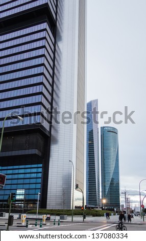 MADRID, SPAIN - MARCH 10 Cuatro Torres Business Area (CTBA), in Madrid, Spain, on March 10, 2013. View of Bankia Tower, Glass Tower and Space Tower skyscrapers