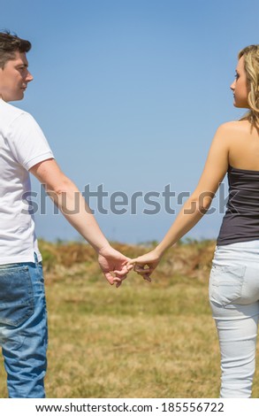 Back view of beautiful love couple holding hands outdoors over a summer field background