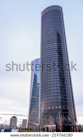 MADRID, SPAIN - MARCH 10, 2013: Cuatro Torres Business Area (CTBA). View of PwC Tower and Glass Tower skyscrapers