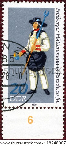 GERMANY - CIRCA 1978: A stamp printed in GDR (East Germany) shows, Ceremonial costumes of miners and metallurgists in the XIX v(Metallurgist of the Freiberg).circa 1978