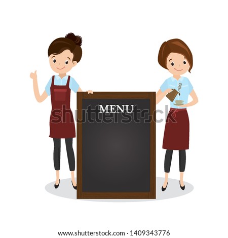 Cartoon female waiters near menu board, beauty caucasian woman characters in uniform, restaurant or coffee shop staff,isolated on white,flat vector illustration
