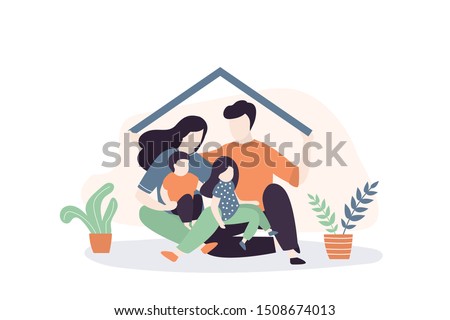 Happy family in new house concept. Mother and father holding roof of new home. New purchased or rented housing. Real estate template banner. Love people together.Vector illustration