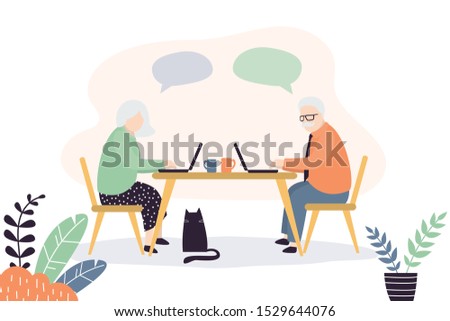 Old people at workplace. Elderly freelancers chatting online. Coworking for old people. Grandfather and grandmother characters use laptops. Trendy style vector illustration