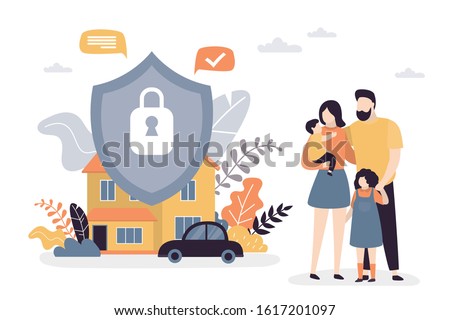 Happy parents with children. Family portrait. Property,car and Insurance protection shield. Assurance plan, contract of full insurance coverage concept background. Vector illustration