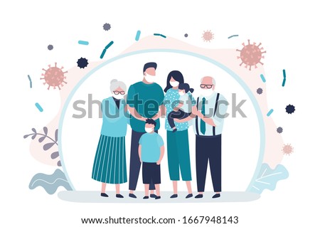 People in safety masks stop the spread of viruses. Family portrait. Happy parents with children. Grandparents, Mother,father and two kids. Cute huge family. Bad ecology and air. Vector illustration