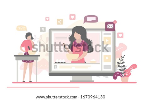 Cooking video blog on monitor display. Food blogger tells how to cook a dish. Woman chef teaches cooking new recipe. Female follower study prepare food. Video tutorial. Flat Vector illustration