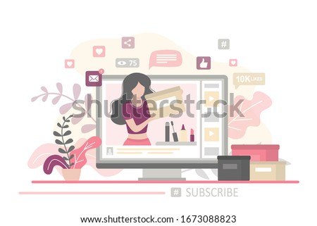 Social media page on screen. Fashion woman blogger making review for purchases on her trendy channel. Unboxing, new makeup and cosmetics. Video content production. Flat vector illustration      