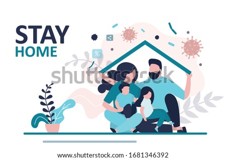 Stay home banner template. Family sitting home. Quarantine or self-isolation. Health care concept. Fears of getting coronavirus. Global viral epidemic or pandemic. Trendy flat vector illustration