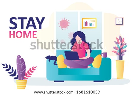 Stay home banner template. Woman work online, teleworking. Quarantine or self-isolation. Health care concept. Fears of getting coronavirus. Global viral epidemic or pandemic. Flat vector illustration