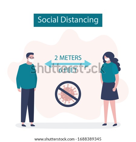 Social Distancing, two people keeping distance for infection risk and disease. 2 meters or 6 feet distance between humans.Covid-19 prevention banner. Viral infection pandemic. Flat vector illustration
