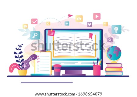 E-learning banner. Online education, home schooling. Modern workplace, open book on laptop screen. Web courses or tutorials concept. Education vlog, internet library. Trendy flat vector illustration