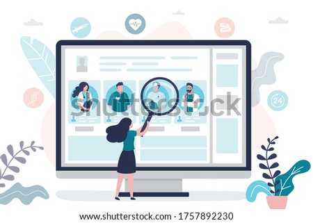 Female patient chooses doctor. Doctors team, medical staff portraits. Online service,  searching therapist via internet. Healthcare, medical insurance and telemedicine. Trendy flat vector illustration