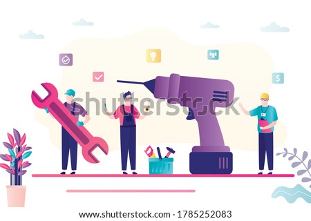 Big drill and team of servicemen in uniform. Group of repairman with various tools. Repair service, banner template. Male workers and toolbox nearby in trendy style. Flat vector illustration