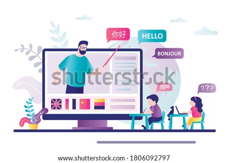 Native speaker teaches children foreign languages online. Children studying new language on courses. Kids speaking club. Word HELLO in different languages. Learning technology. Vector illustration