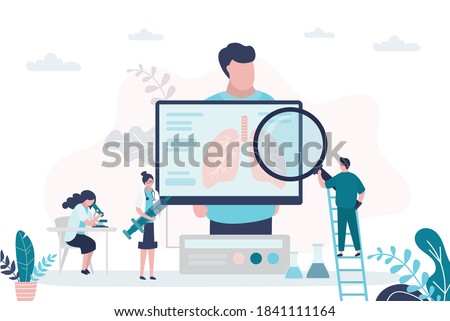Male patient, pulmonologists check condition, treat lungs. Doctors with magnifying glass and syringe. Technology of analysis respiratory organ. Pulmonology, healthcare banner. Flat vector illustration