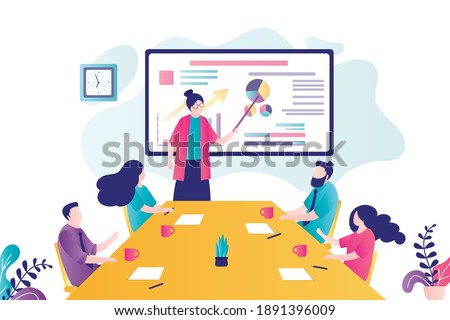 Female employee presents report at business conference. Group of business people met at presentation. Office workers in meeting room. Concept of teamwork and work process. Flat vector illustration