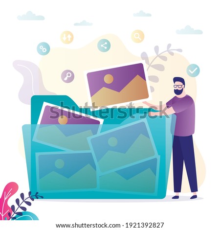 Large folder with collection of different photos. Male character pulls out photo from archive. Concept of content storage, cloud and database. Organization of photos and documents. Vector illustration