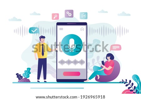 Male character asks for help from the voice assistant. Cute girl records voice messages using mobile phone. Concept of new technology, app interface and smart assistant.Trendy flat vector illustration