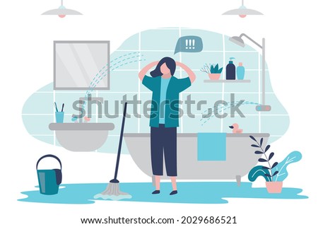 Woman cleans up mess in bath with mop. Unpleasant incident in bathroom. Faucets in restroom broken. Water flooded floor. Girl shocked by accident. Water pouring from broken pipe. Vector illustration