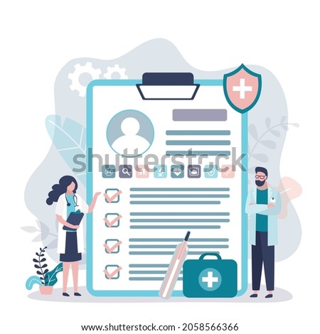 Clipboard with personal information about patient. Doctors doing complete medical examination. Check up of internal organs in clinic. Form with check marks. Healthcare concept.Flat vector illustration