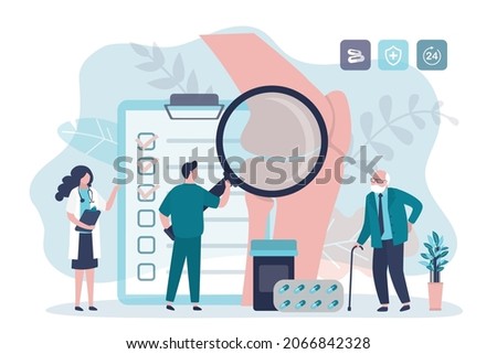 Grandfather with arthritis or osteoporosis sought help from specialists. Rheumatologist with magnifying glass examines patient bones. Treatment of bone diseases. Rheumatology. Flat vector illustration
