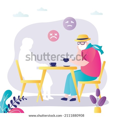 Elderly grandfather drinking coffee in cafe alone. Old grandpa saddened by wife death. Concept of loss of loved ones. Dead woman silhouette. Experiencing negative emotions. Flat vector illustration