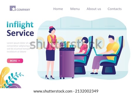 Inflight service, landing page template. People communicates with cabin crew during flight. Stewardess serving passengers in economy class. Air hostess give food to customer. Vector illustration