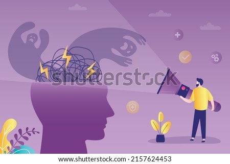 Man with flashlight discovers hidden fears. Male character looks fear in face. Person successfully overcome phobias. Guy shines at big head or mind. Fighting fears concept. Flat vector illustration