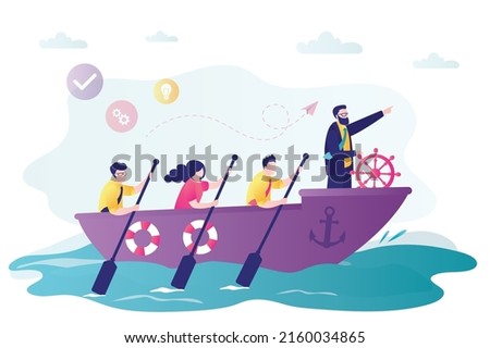 Business team is sailing on boat. Confident leader points direction. Male boss steers ship with rudder. Leadership, successful teamwork. Corporate relations. Way to success. Flat vector illustration