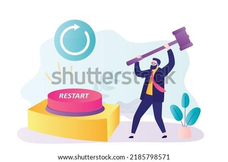 Entrepreneur with hammer hitting restart button. Businessman decided to restart project. Successful return of business. Male character reactivates startup. Relaunch concept. Flat vector illustration