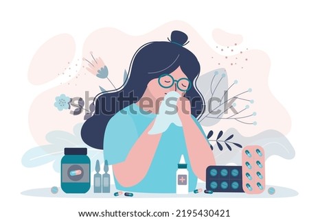 Female character experiencing severe allergies during flower bloom. Girl uses medication to suppress allergies. Woman with runny nose suffering from allergens. Seasonal allergy. Vector illustration