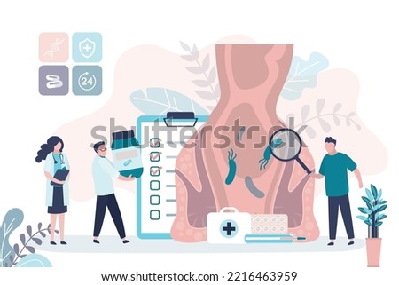 Doctor holds magnifying glass and examines colon. Group of proctologists analysis perianal area. Medical workers gives pills and treats internal organs. Proctology, prescription of treatment. Vector