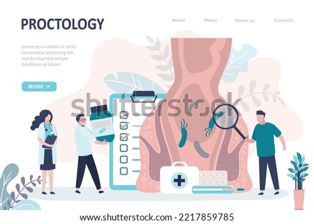 Doctor uses magnifying glass and examines colon. Proctologists analysis perianal area. Medical staff gives pills and treats internal organs. Proctology, prescription of treatment, landing page. vector