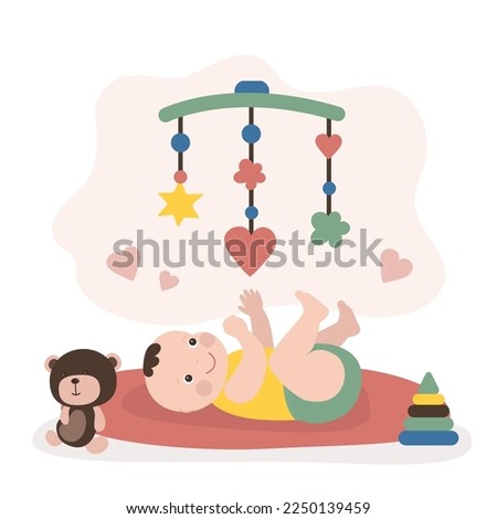 Small caucasian child plays with toys. Infant playing with mobile crib. Carousel toy. Hanging rattles crib mobile toy. Baby music bed bell toys. Happy newborn child. Flat vector illustration