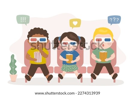 Happy kids sitting in cinema and watching movie. Multiethnic friends in stereo glasses are watching 3d movie. Cute characters are eating popcorn and looking at screen. Weekend, entertainment time.