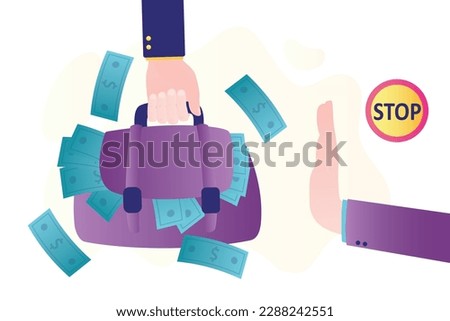 Hand passes bag of money. Payment, salary. Corruption, bribe politics. Businessman hand gesture - stop sign. Refusal of bribe, honesty, intransigence. Criminal deal. Government corruption and crimes.