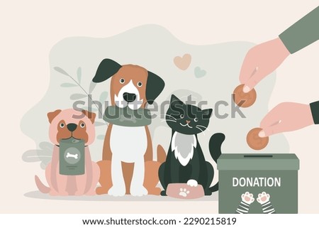 Adorable pets holds empty bowls. Volunteering and assistance to animals. Hands putting coins into donation box. Money and food donation for pets. Feed for homeless dogs and cats. vector illustration
