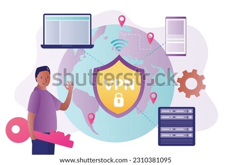 VPN service. User holds giant key. Man using VPN to protect personal data. Virtual Private Network. Service for changing location of ip address. Secure network connection. Bypass restrictions.