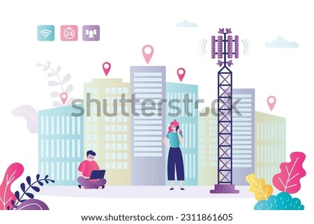 People use wireless connection technologies. Free Wi Fi hotspot zone. Communication tower with antenna. Devices connected in network. Wireless access point. Urban view on background. flat vector