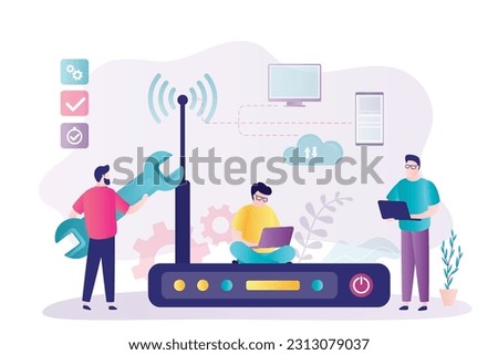 Wi-Fi router repair and setup. Improving quality of wireless communication. Male technician or system administrator sets up communications equipment. Users use gadgets with wireless internet. vector
