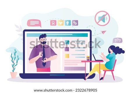 Disability, online education, teaching, communication technology concept. Male teacher speaking with deaf mute student on sign language. Webinar, remote educational process for disabled people. vector